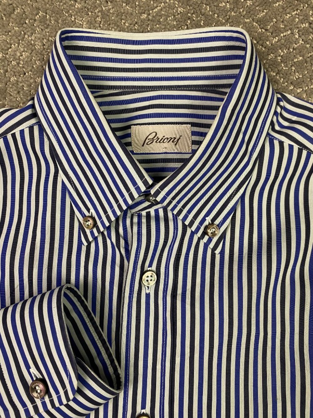 Brioni Button Down Shirt Mens Medium 15.5 Blue White Black Striped Dress